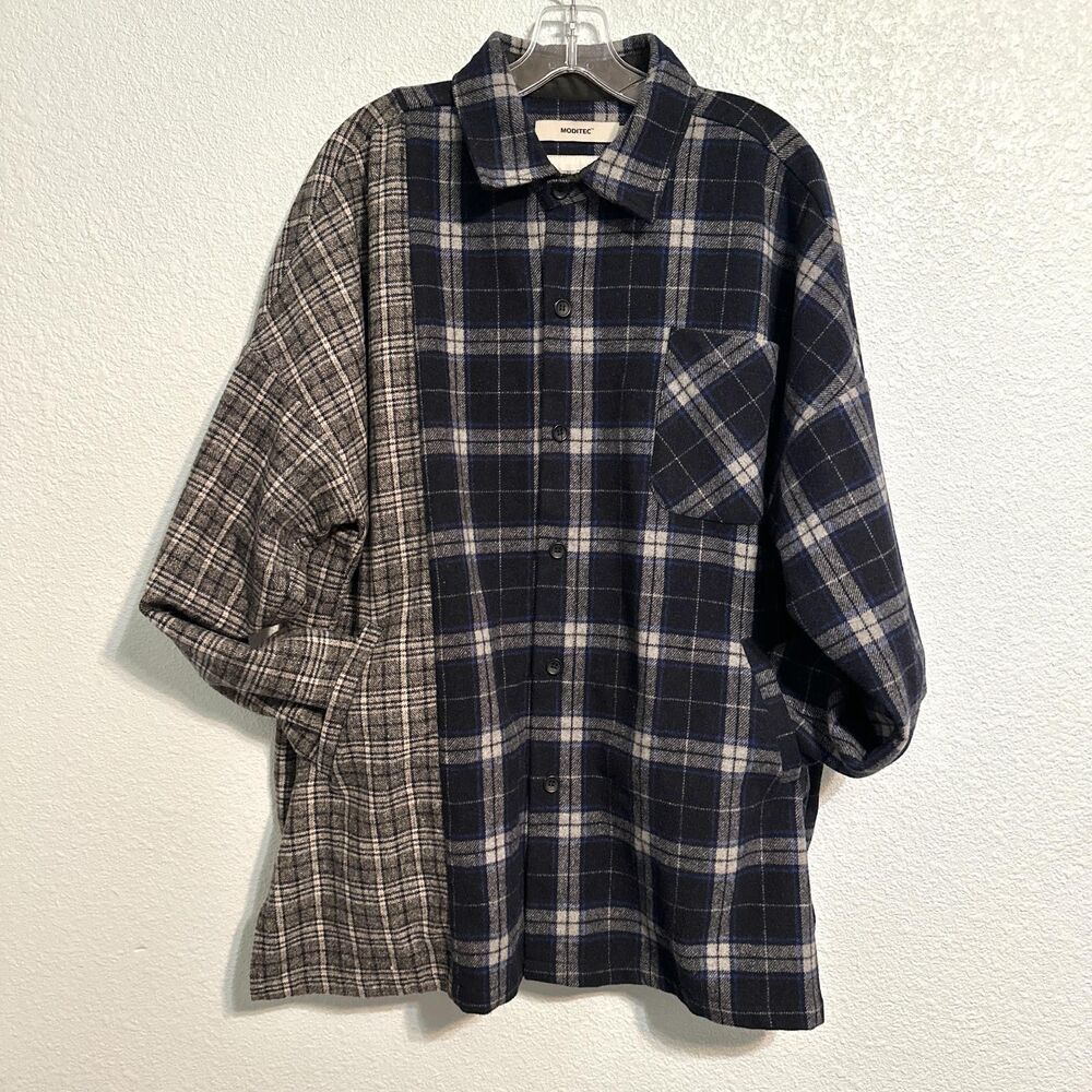 MODITEC Shirt Women Size 2 Navy Blue Gray Plaid Long Sleeve Button-Up Flannel - Picture 3 of 12